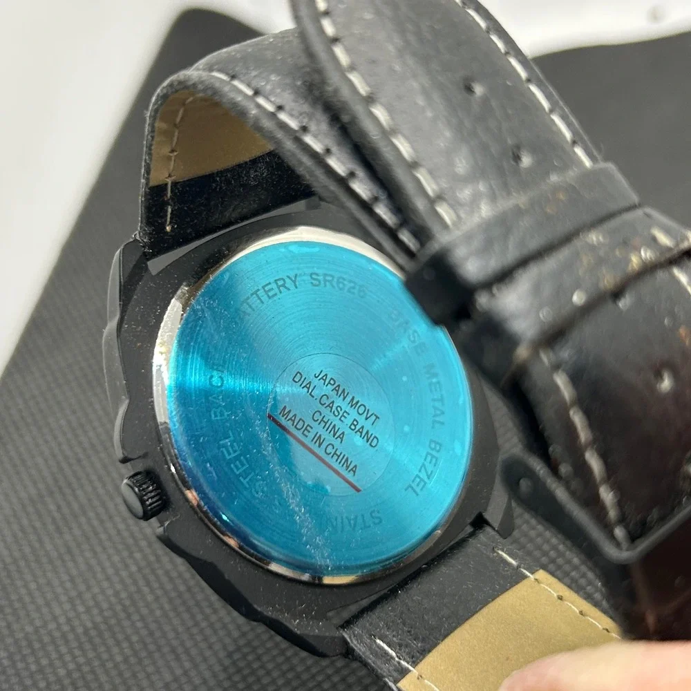 Mens Black Chronograph Style Watch Japan Quartz Movement leather Strap‎ Analog